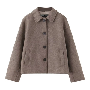 Women Fashion Wool Blend Short Coat Casual Lapel Single Breasted Solid Color Loose Fit Jacket High Quality Outwear