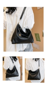 Detailed views of a black leather tote bag with gold hardware shown on a model