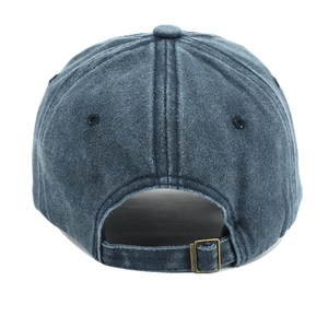 Rear view of washed cotton baseball cap featuring an adjustable metal strap buckle