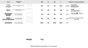 Guide des tailles pour haut en similicuir avec mesures du buste et détails des matières