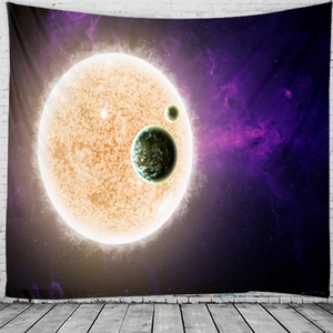 Detailed close-up of cosmic star tapestry with planets and glowing sun on brick wall