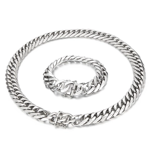 Polished silver cuban link necklace and bracelet set with 16mm thick curb chain design