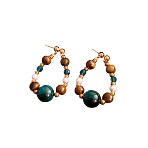 Vintage tiger eye stone beaded hoop earrings with pearl accents and gold studs
