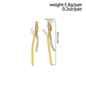 Detail view of two-tone gold and silver snake chain earrings with size and weight labels