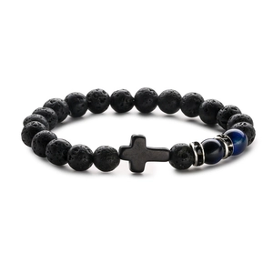 8mm black lava stone and tiger eye bead bracelet with silver cross and rhinestone spacer