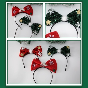 Detail view of Christmas headbands with sequins, plush bows and Merry Christmas text