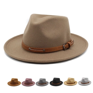 Classic Wool Felt Fedora Hat With Leather Belt Metal Buckle Rivets Retro Wide Brim Jazz Cap For Men Women
