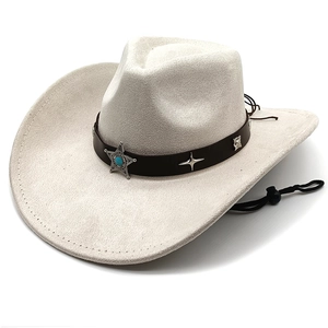 Beige faux suede western cowboy hat with turquoise star concho and adjustable chin cord