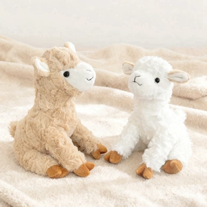 Cute white and brown plush alpaca toys made of soft curly faux fur in sitting pose