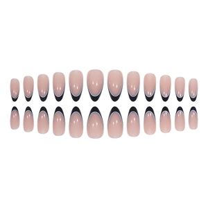 24pcs long almond press on nails with minimalist black and white French tip design
