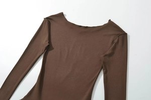 Detail of dark brown long sleeve knit dress showing crew neckline and shoulder texture