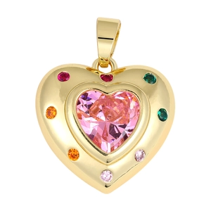 Detail of heart pendant with pink center stone and colorful zircon accents on gold plating