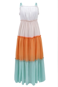 Robe longue sans manches pour femmes avec volants à plusieurs niveaux et fines bretelles