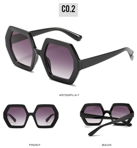Three-way view of hexagonal sunglasses showing front, back and 45-degree angle in purple