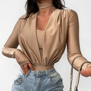 Sexy V-neck champagne long sleeve bodysuit with pleated details for women in summer