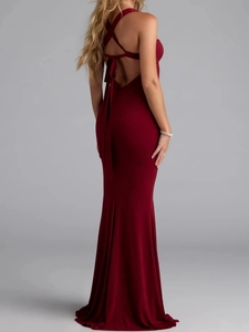 Elegant burgundy halter neck backless mermaid evening gown with crisscross tie detailing