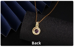 Detailed back view of golden necklace pendant with purple zircon and halo stones