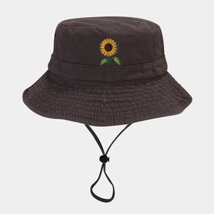 Detailed view of sunflower embroidery and adjustable windproof cord on cotton bucket hat