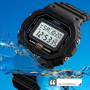 Black digital sport watch with square dial and water splash effect showing 50m water resistance