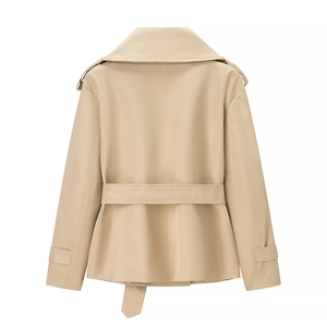 Back view of a khaki short trench coat jacket with waist belt and cuff details