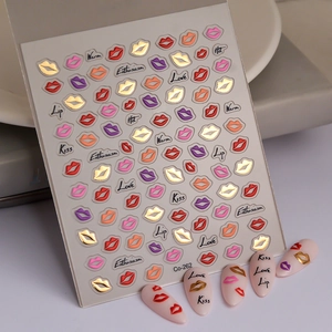 Detail of red and gold foil lip nail stickers with Love Kiss typography patterns