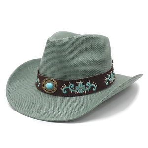 Western Cowboy Straw Hat Breathable Sun Protection Vintage Ethnic Style Wide Brim Paper Straw Suede Band Faux Turquoise