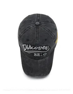 Top view of washed vintage baseball cap with Discovery 3D letter embroidery detail