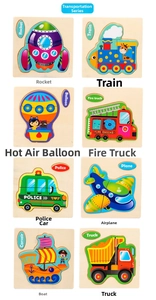 Set of 8 wooden vehicle puzzles including rocket, train, and plane for toddler learning