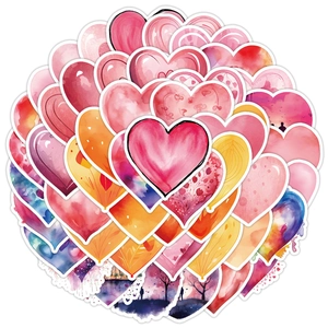 Detail of colorful watercolor heart stickers with artistic gradients and white die-cut edges