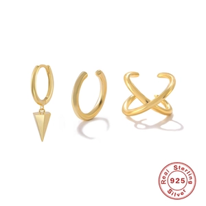 Detailed view of a 3-piece set of 925 sterling silver gold-plated ear cuffs and studs