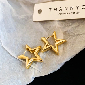 Detailed view of polished gold star-shaped hollow earrings on a textured gift card