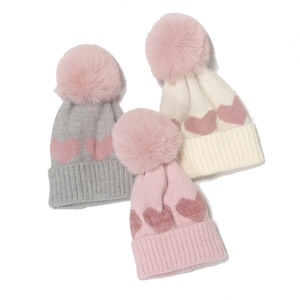 Baby Knitted Beanie Hat Heart Pattern Acrylic Faux Fur Pom Pom Warm Winter Sweet For Newborn Toddler Girls Boys