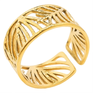 Bague ajustable en acier inoxydable 304 doré avec motif feuilles ajourées style minimaliste