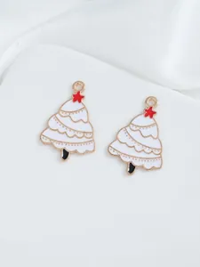 Detail of white enamel Christmas tree charms with red star for DIY jewelry making