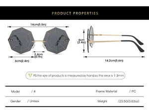 Detailed size specifications for rimless spider web sunglasses with clear measurements