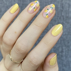 Nägel Zum Aufdrücken Zitronenmuster Handbemalt Glänzend Kurz Oval Künstliche Nägel Damen Sommer Frischer Stil