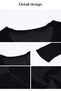 Vista dettagliata del maglione in maglia nera con colletto, polsini e trama del tessuto