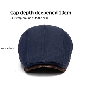 Navy cotton linen flat cap with brown leather brim and 10cm deep crown for men