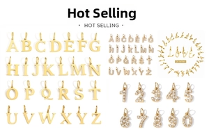 Detail view of 18k gold plated alphabet and number pendants set with micro-pave zircon crystals