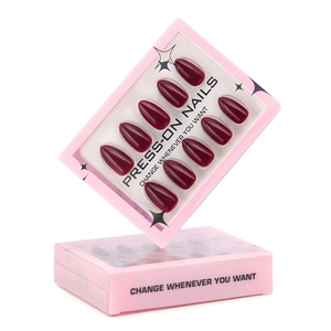 Glossy burgundy almond press-on nails in elegant pink packaging for women's manicure