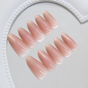 Handmade Press On Nails Cat Eye Blush Gradient French Tip Almond Shape Reusable ABS Plastic False Nails For Women