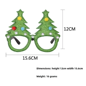 Christmas tree party glasses with green glitter and pompoms, 12cm height, 15.6cm width