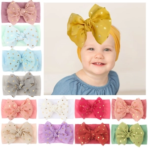Baby nylon headbands with gold foil bow ties in 12 assorted colors for infants