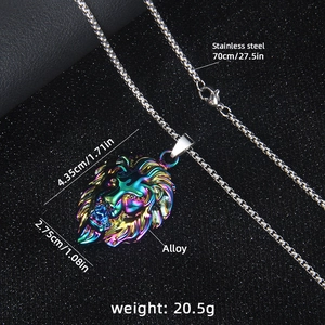 Hip hop lion head necklace with colorful pendant and long stainless steel chain