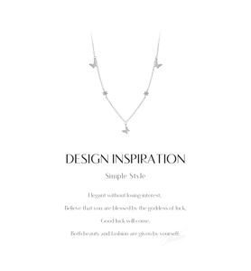 Detail of silver S925 butterfly necklace featuring sparkling pavé zircon butterfly pendants