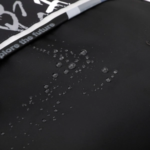 Waterproof black minimalist backpack for travel and students with explore the future print