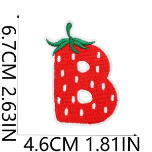Detailed size view of strawberry embroidery letter B patch showing width and height
