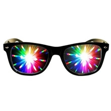 Front view of kaleidoscope party sunglasses with black frames and rainbow starburst lenses