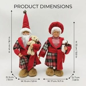 Standing Santa and Mrs. Claus plush dolls in red plaid pajamas with dimension markings