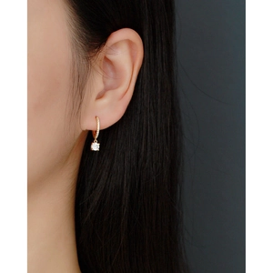 Elegant gold S925 silver hoop earrings with small diamonds and round solitaire drop charm